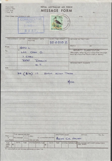 1967 CODED RAAF Message Form AUST FPO 2 P/M Ubon Thailand To RAAF ...