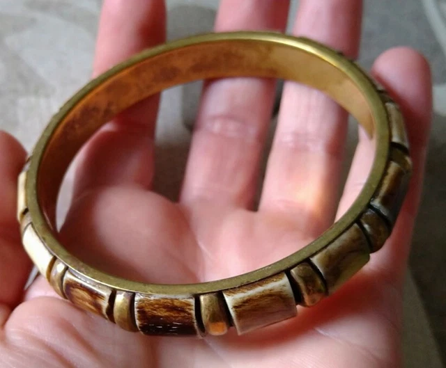 Bracelet Vintage En Laiton Avec Nacre Ou Corne - Noir Et Blanc - Bijou Fantaisie