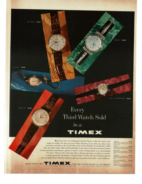 1959 Timex Watches 100 Marlin Tonneau Lady's Waterproof Vintage Print Ad
