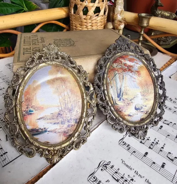 2 marcos de fotos ornamentados ovalados de latón hechos en Italia fotos victorianas