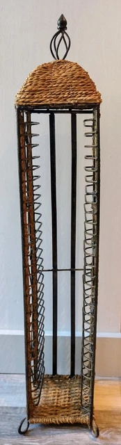 Metal CD Storage Tower Rack rattan woven design & decorative sides 84cm tall