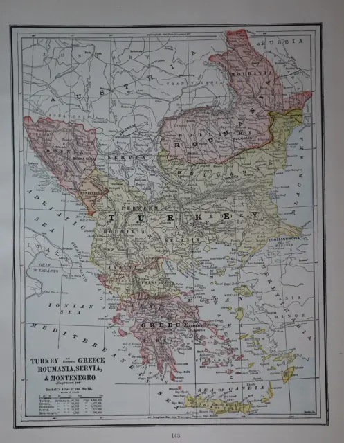1892 Popular Atlas Map ~ GREECE, ROUMANIA, MONTENEGRO, SERVIA ~ (11x13) -#1204