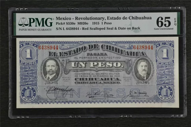 1915 Mexico Revolutionary 1 Peso Banknote--PMG Graded Gem Unc 65 EPQ- 21-975