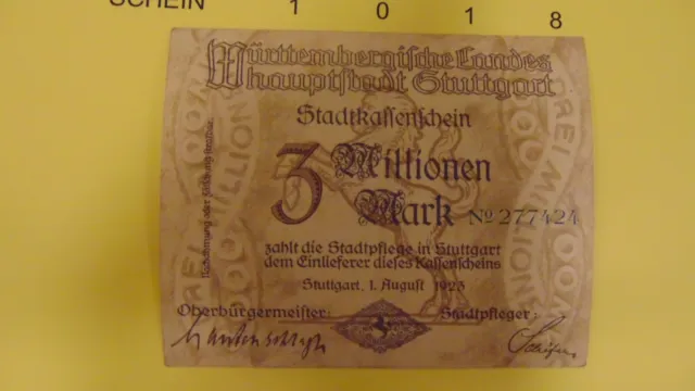 23/1018) 3 Millionen Mark Banknote Inflation Landeshauptstadt Stuttgart 1.8.1923