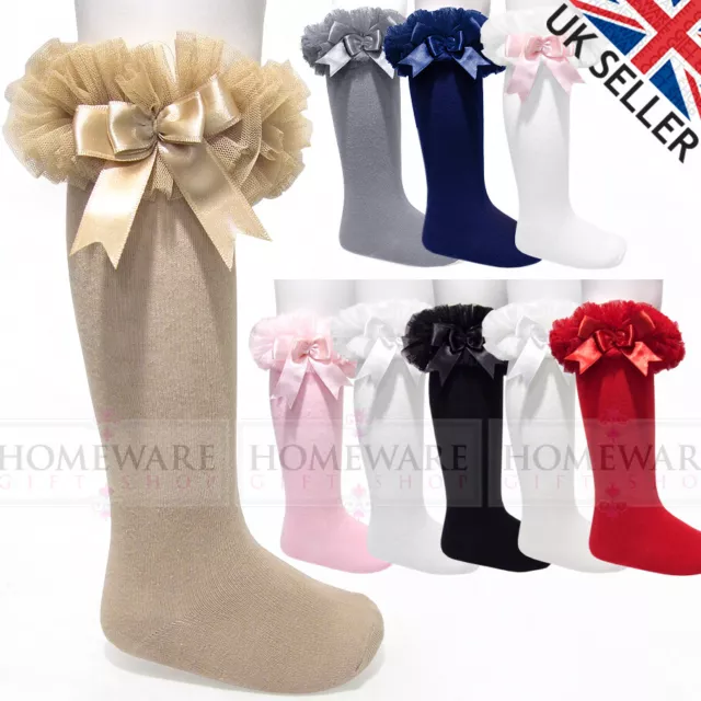 Girls Baby Tutu Socks Spanish Knee High Satin Bow Socks Tulle Frilly Kids 0-6 Y