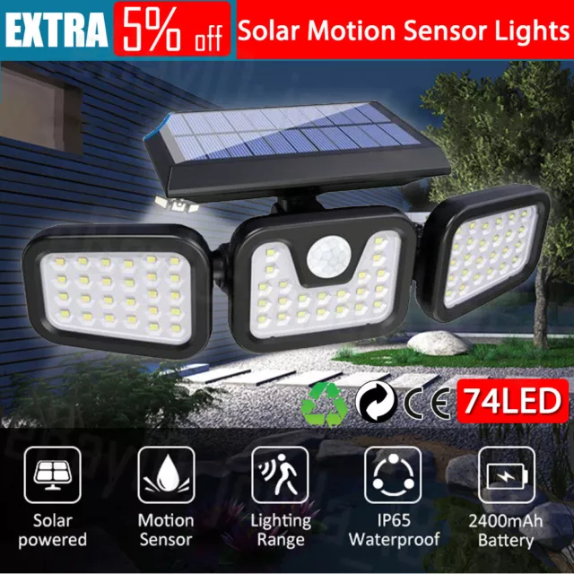 3 Head 74 LEDs Solar Motion Sensor Light Outdoor Garden Wall Security Flood Lamp