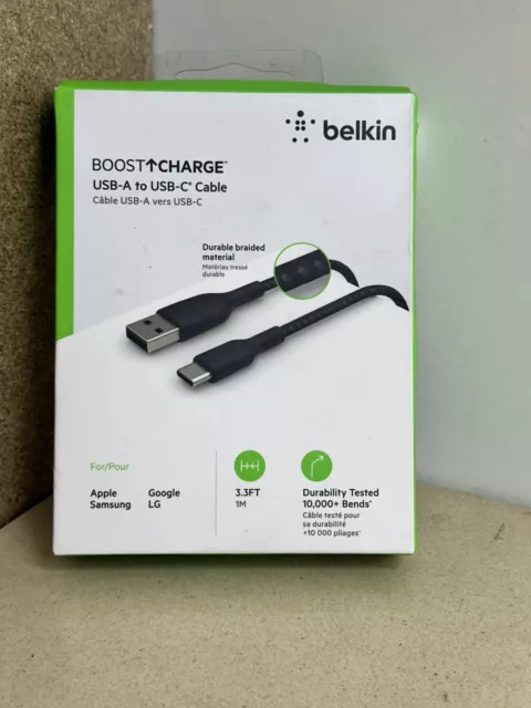 NEW Belkin BOOST CHARGE Braided USB-C to USB-A Cable *BLACK* 1 METRE Box 7