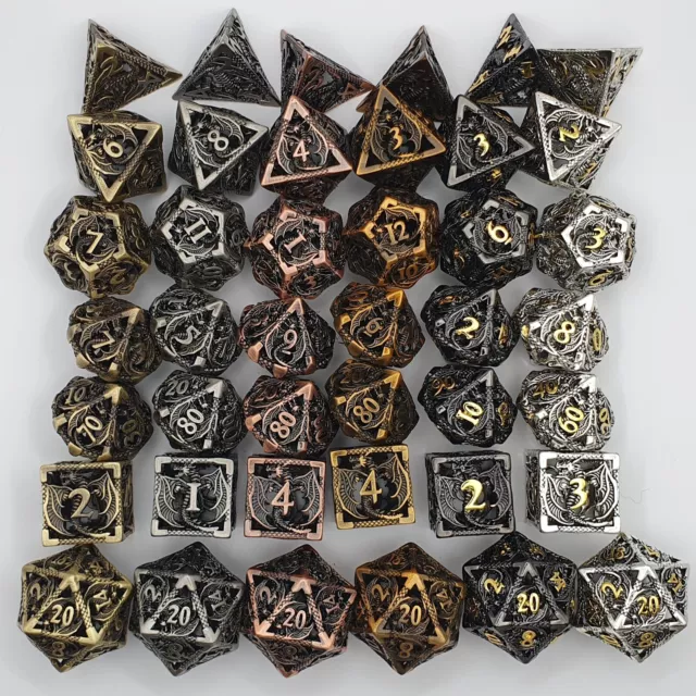 DND Metal Dice Set Hollow Dragon Polyhedral Die 7pcs TTRPG Game Dungeons D&D