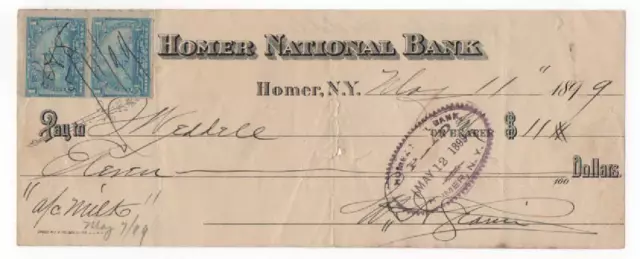 1879  Bank Check, Homer,,NY National Bank , with revenue stamps