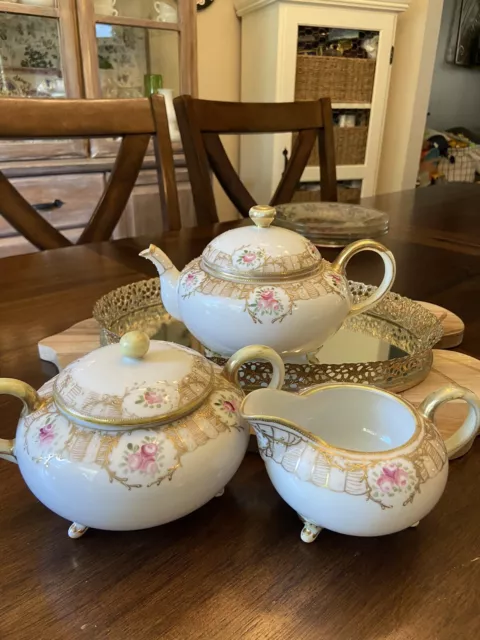 Nippon  Hand Painted Teapot Creamer And Sugar Bowl With Lid Flower Gold Trim