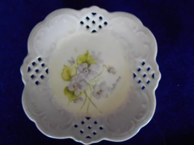 Vintage Mid Century Hand Painted Lavender Violets Soap Dish/Plate - Lacy Cutouts