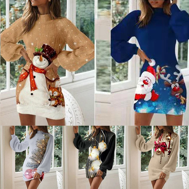 Femme Noël Impression Pull Tunique Femmes Nouveauté Noël Pull Tricot Robe # ,