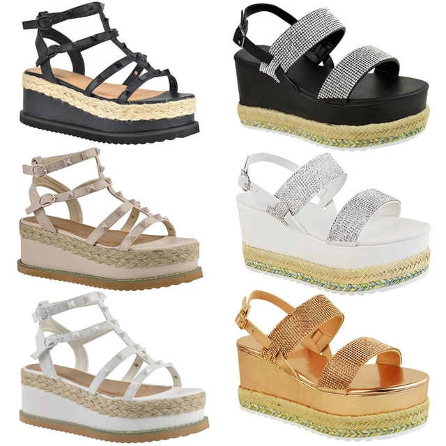 WOMENS LADIES FLATFORMS Wedge Diamante Sparkly Sandals Espadrilles