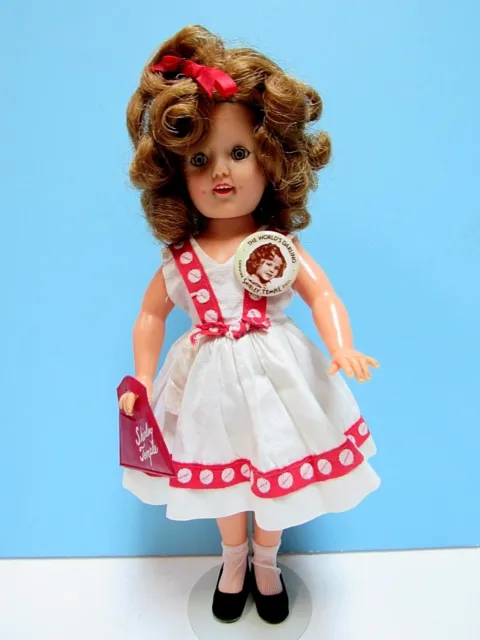 VTG 1950's IDEAL SLEEPY-EYE SHIRLEY TEMPLE 12" DOLL IN ORIG OUTFIT, PURSE & PIN