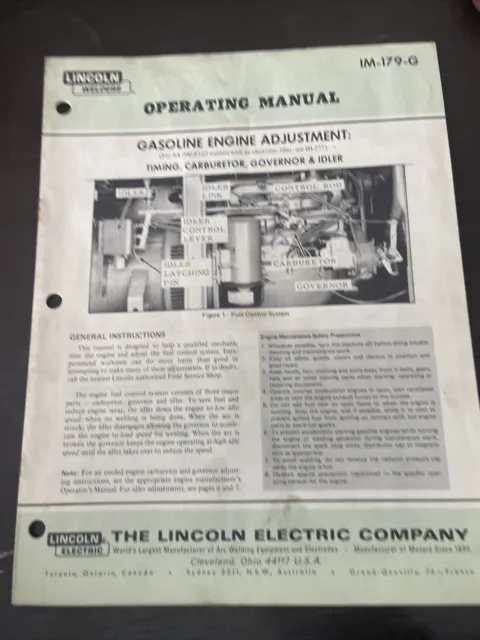 LINCOLN welder OPERATING MANUAL SA-200-F163 GAS ENGINE ADJUSTMENT service book