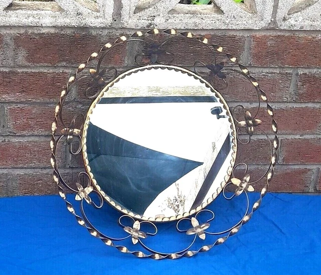 Specchio da parete vintage stile spagnolo semplice floreale, intero metallo, largo 43 cm, anni '70