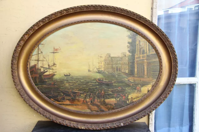 Antico Grande Quadro Ovale Dipinto Olio Su Tela Porto Di Malta Cornice Pastiglia