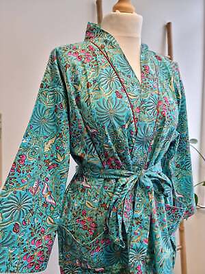 Puro Cotone Donna Kimono Indiano Fatto a Mano Motivo Fiori Vestaglia Notte Usura