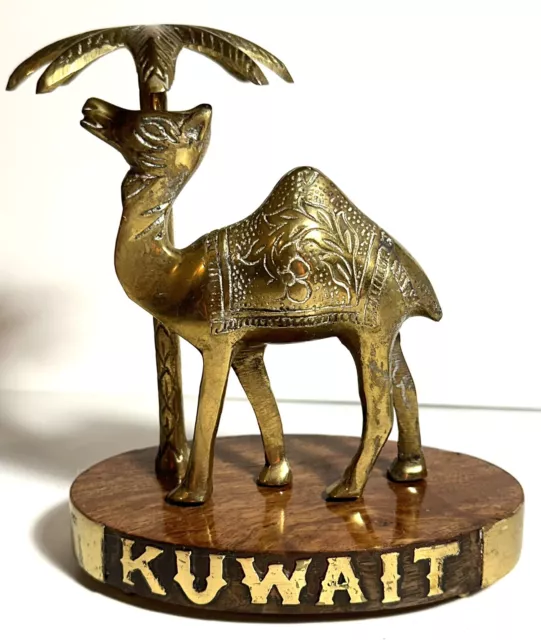 Kuwait Souvenir Brass Camel And Palm Tree On Wooden Stand "Kuwait"