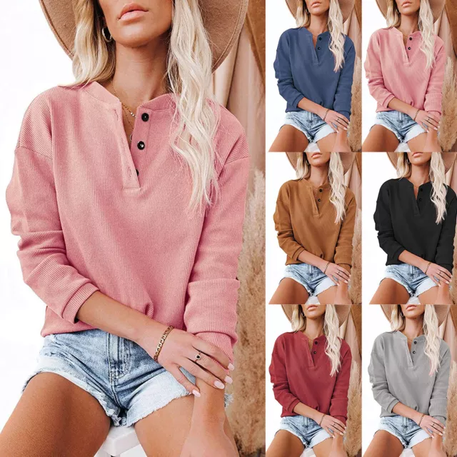 Womens Ribbed Long Sleeve T Shirt Ladies Button V Neck Casual Loose Blouse Tops