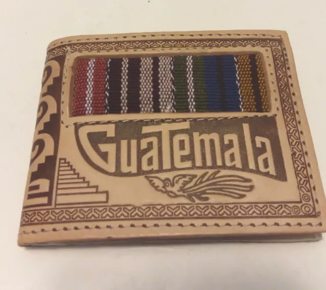 Guatemala Huipil Handmade Leather Mens Wallet Woven Embossed EXCELLENT 4" Mayan