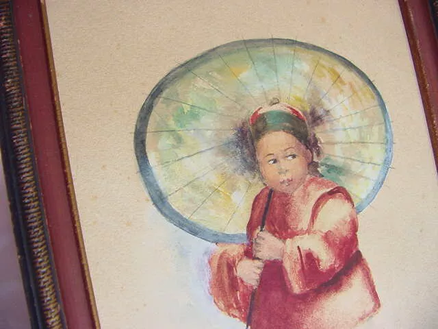 VINTAGE 1930s ORIGINAL WATER COLOR PAINTING CHINESE / JAPANESE GIRL STROLLING 3