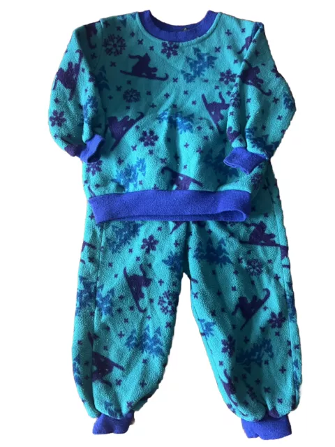 Land’s End Vintage Fleece Tracksuit, Kids Sz S, Teal, Wintry Ski Design