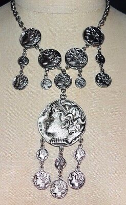 VINTAGE 1970'S Modern Trifari Ancient Greco-Roman Silver Tone Coin Necklace