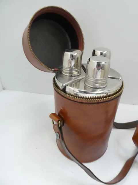 Vintage Leather Cased Travel Set 3 Glass Bottle Decanters Chrome Caps England