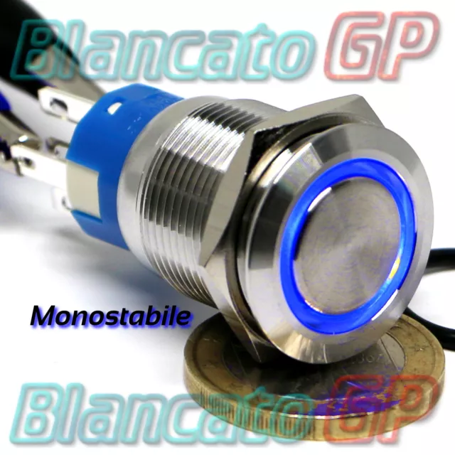 Pulsante 19mm in acciaio INOX con anello LED blu deviatore monostabile ON OFF