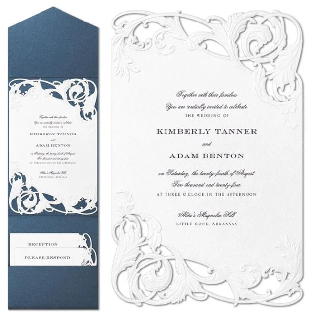 Pocket Wedding Invitation Laser Cut Flourish Pocket Color Choice Embossed Accent
