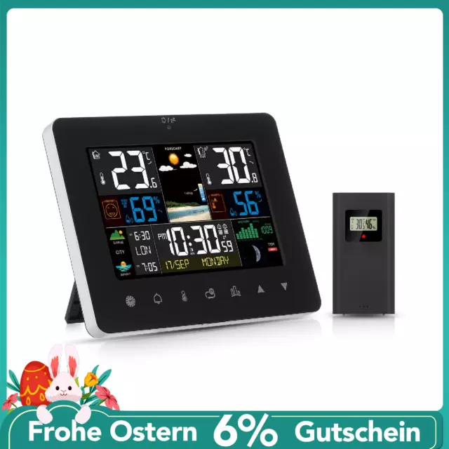 Wetterstation Funk Mit Farbdisplay Thermometer Innen-Außensensor Digitale Wecker