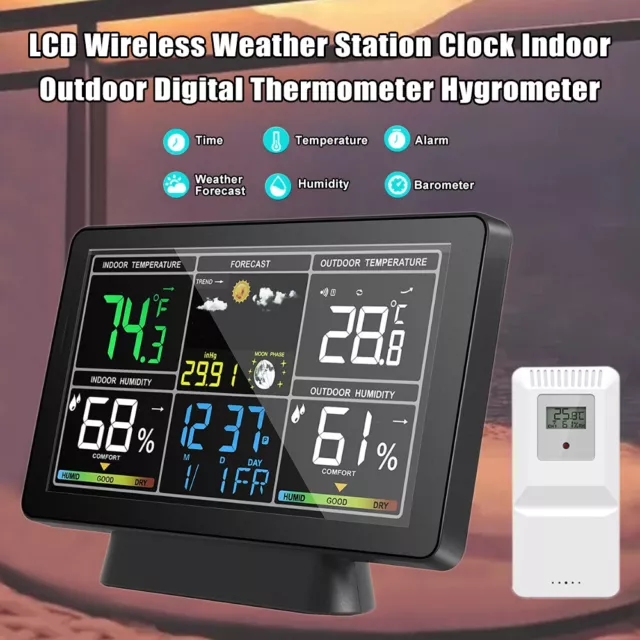 LCD Wireless Wetterstation Uhr Indoor Outdoor Digital Thermometer Hygrometer DE 3