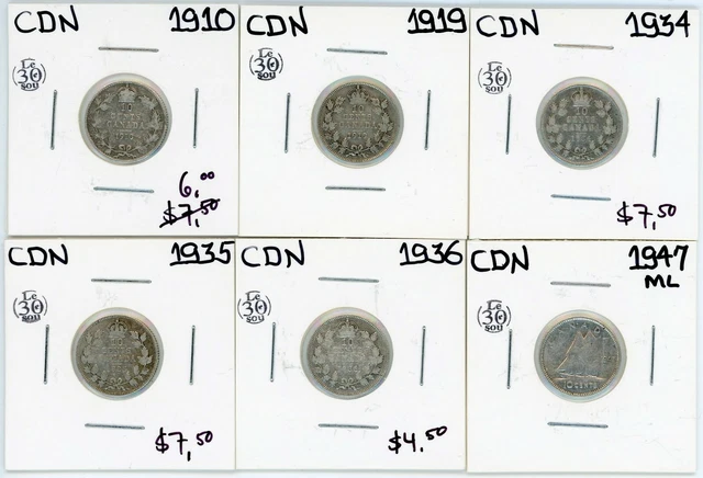 1910 1919 1934 1935 1936 1947ML Canada 10 Cents Silver Lot of 6 #17451