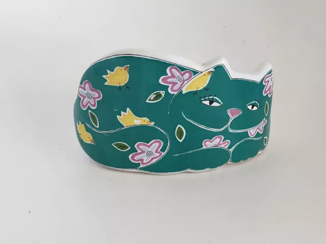 Trinket dish Catch-all Planter porcelain Green Floral Lying-down cat EUC