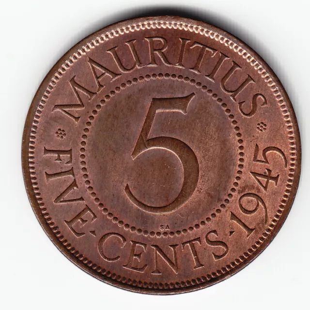 MAURITIUS 5 cents 1945-SA KM20 Br GVI RED minted 500,000 VERY RARE in TOP GRADE!