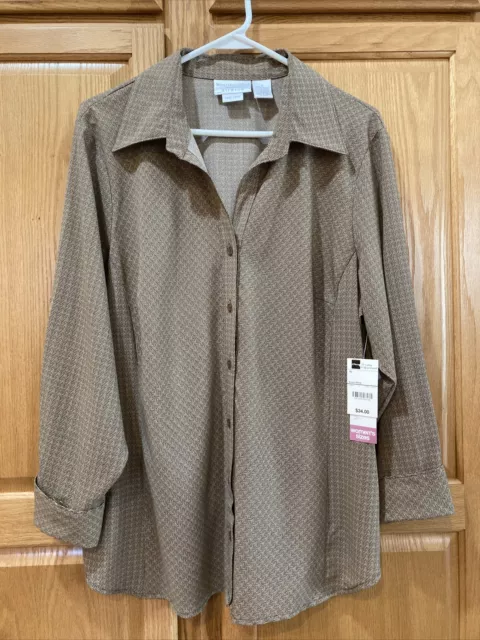 Worthington Stretch Blouse Plus 1X Brown White Chevron Career Top Ls Nwt Womens