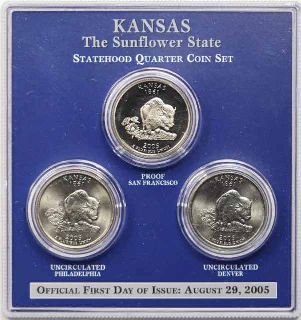 2005-PDS Kansas Statehood Quarter 3 Coin Set Uncirculated Proof