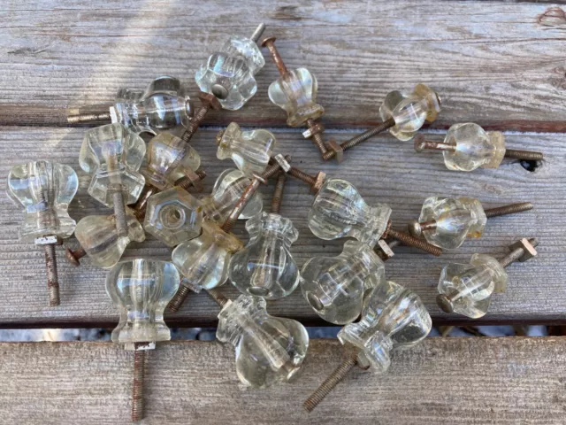 VTG LOT 20+ Clear Depression Glass Cabinet Knobs Drawer Pulls w Screws