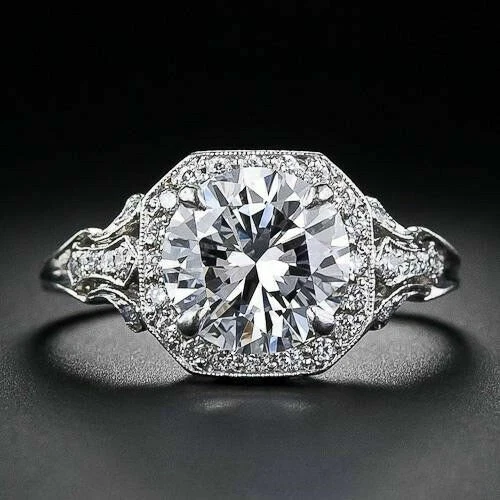 Art Deco 2CT Round Cut Moissanite Vintage Engagement Ring 14K White Gold Plated