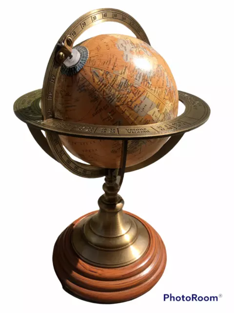 Nautical Solid Brass World Globe With Wooden Base Vintage Armillary Sphere...
