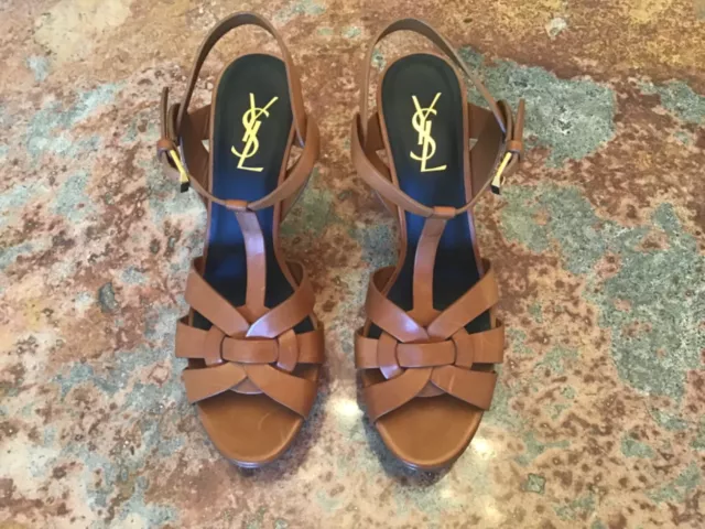 Saint Laurent Ysl Brown Leather T-Strap Tribute Sandals Size Eu 38/ Us 8