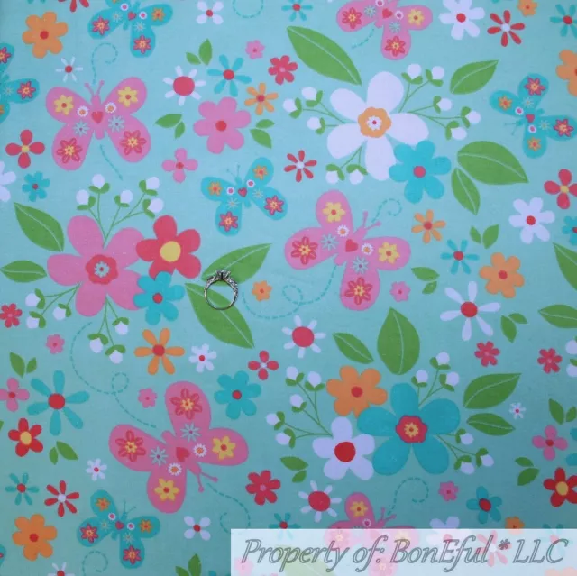 BonEful FABRIC FQ Cotton Quilt Flannel Green Aqua Blue Butterfly Flower VTG Baby