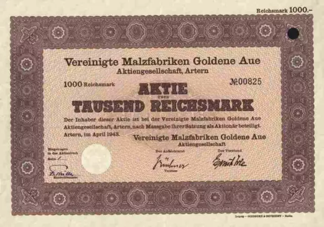 Vereinigte Malzfabriken Goldene Aue 1943 Artern Roßleben Thüringen RARE 1000 RM