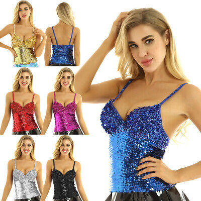 Womens Shiny Sequined Push up Underwired Padded Bustier Corset Crop Top Clubwear