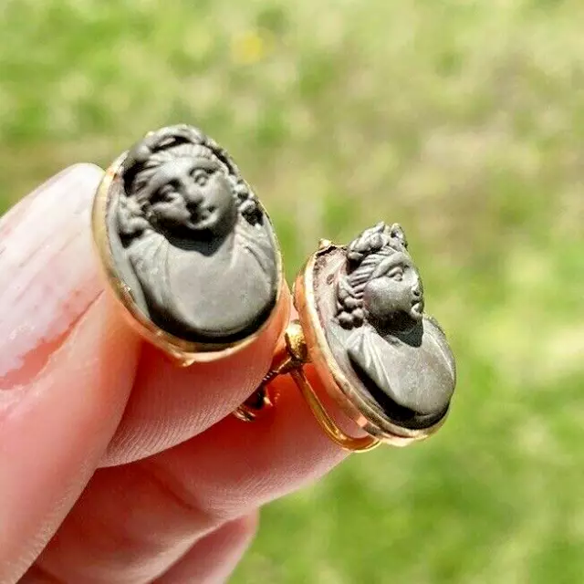 ANTIQUE VICTORIAN GEORGIAN CARVED LAVA 14K GOLD SCREW STUD EARRINGS 16X13mm