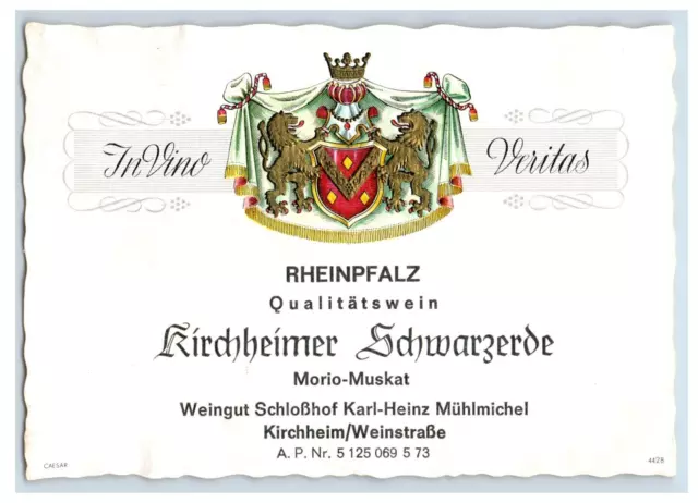 1970's-80's Kirchheimer Schwarerde Rheinpfalz German Wine Label Original S29E