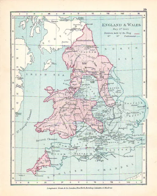Victorian Map ~ England & Wales May 1St 1643 Civil War