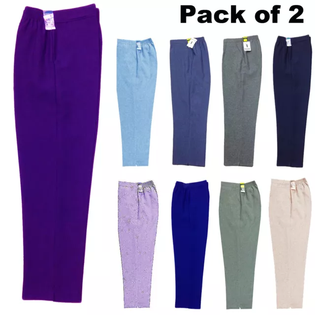 2 PACK LADIES HALF ELASTICATED TROUSERS WOMENS STRETCH WAIST WORK