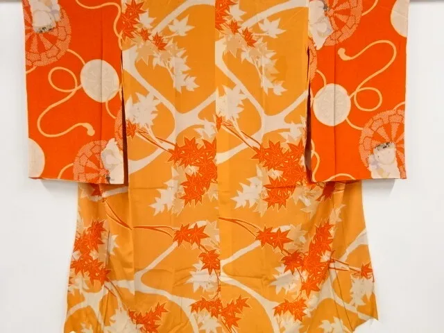 80747# Japanese Kimono / Antique Juban / Kinsha / Maple Leaves